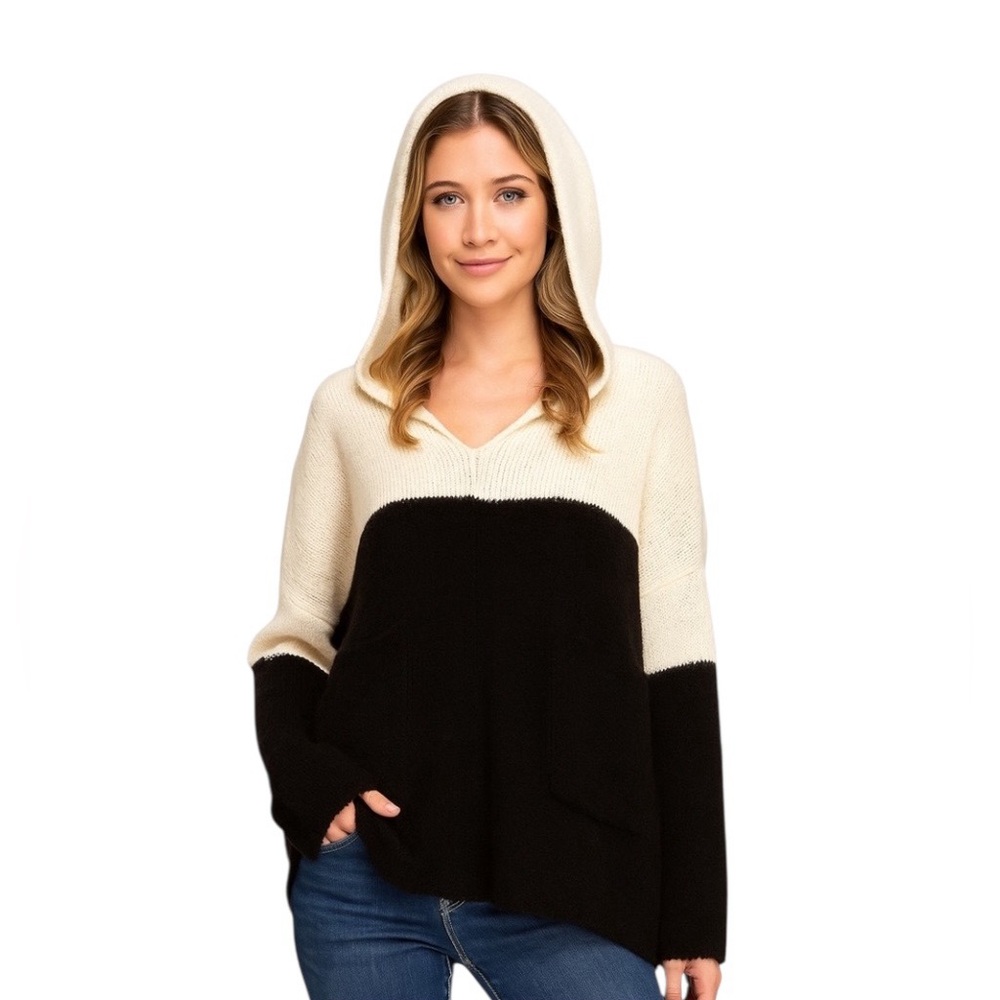Wooden Ships | Black & Ivory Color block Open Knit Sweater Hoodie M/L